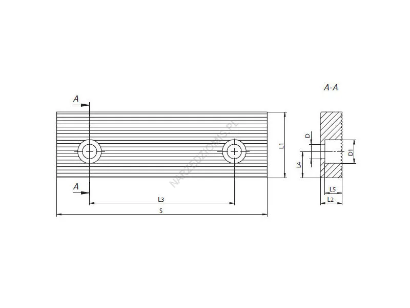 Rysunek techniczny: Szczęka do imadła WSZM 125 mm do typu: 6515,6516 (z rowkami) - BISON-BIAL